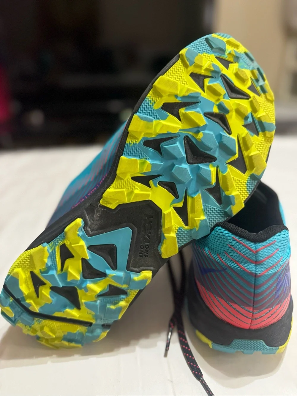Hoka One One Men’s Teal and Navy Running Shoes with Yellow Accents size 12.5